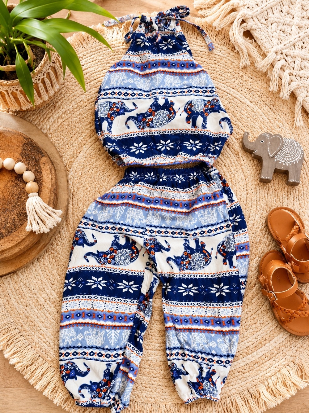 Blue Elephant Print Halter Jumpsuit